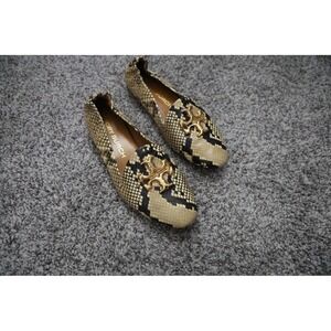 Tory Burch Eleanor Loafer Snake Embossed Leather Gold Logo Flats Size 7M Neutral